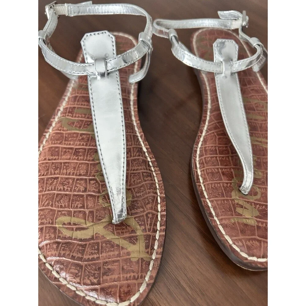 Sam Edelman Women’s Silver Leather Thong Flat Ankle Strap Buckle Sandals US 7